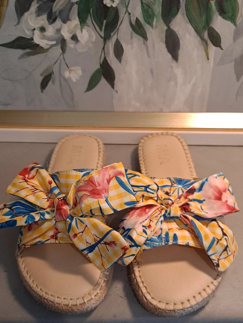 MIA Yellow Floral Bow Slide Espradille Sandals Blue Pink Tropical Jute Sole